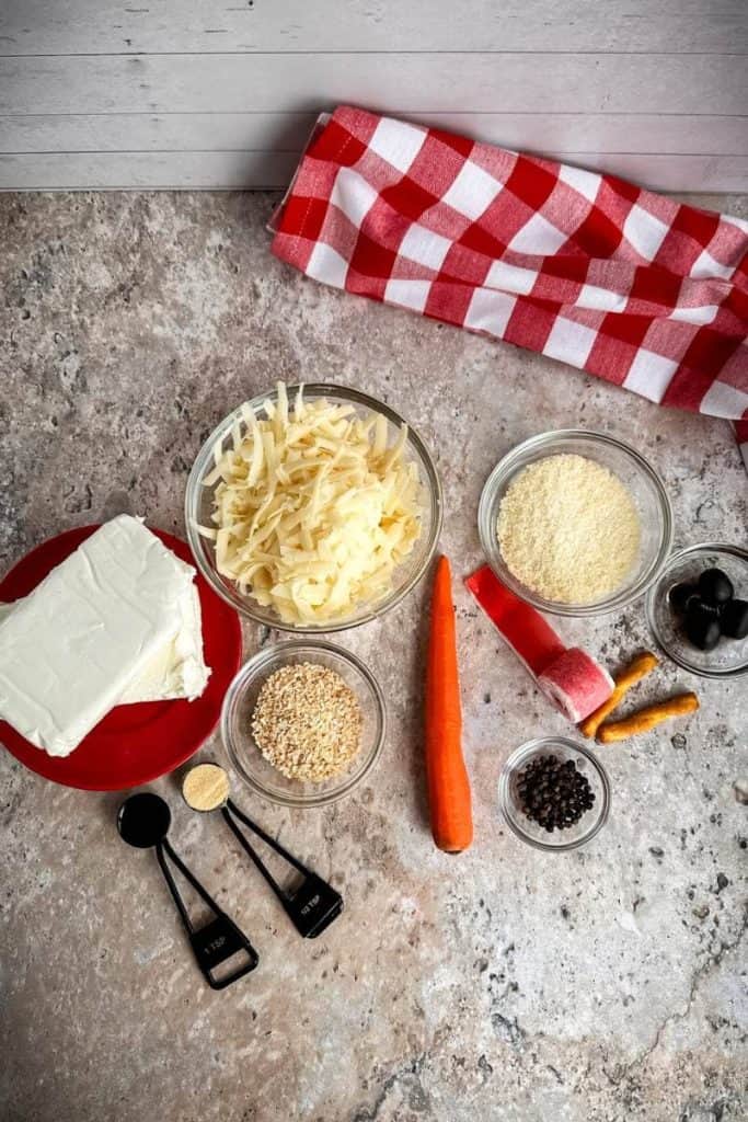 ingredients to make a snowman cheeseball