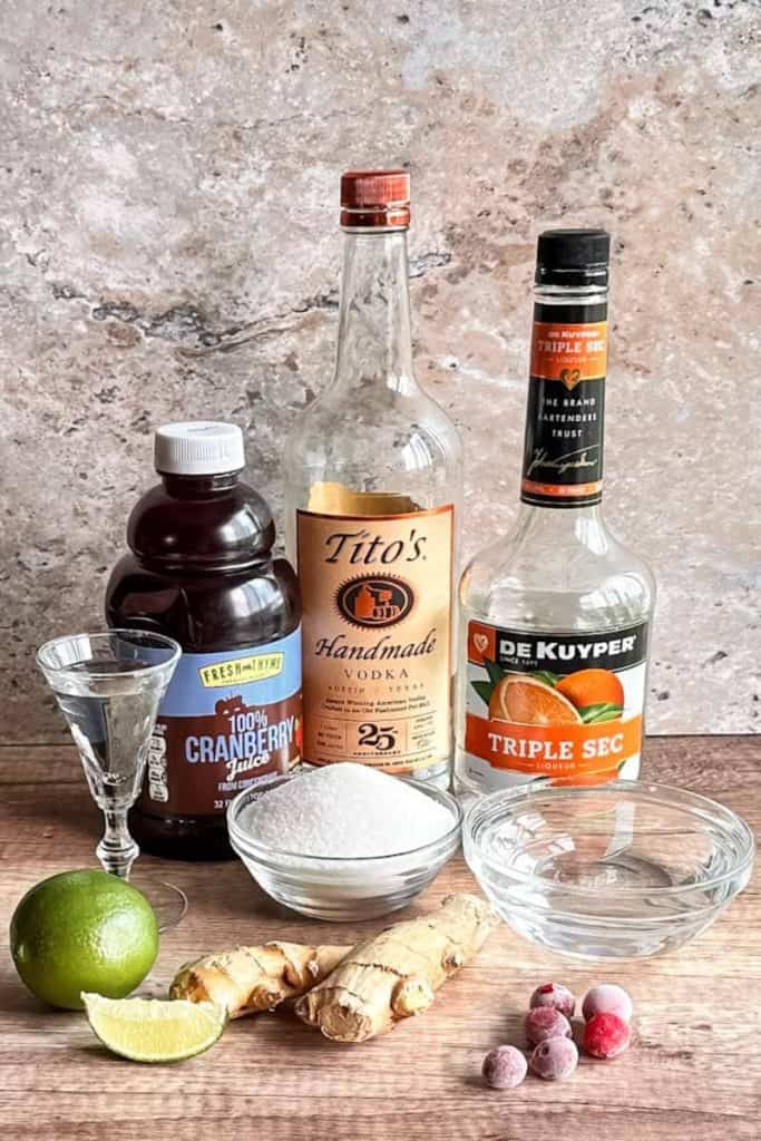 ingredients for Cranberry orange cocktail with ginger